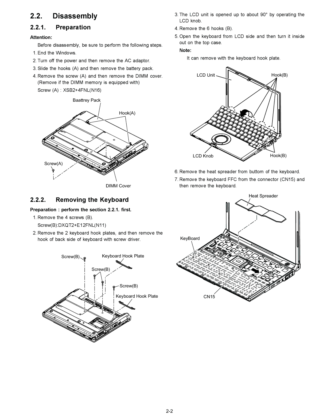 Matsushita CF-T4GWCTZ1 2 service manual Disassembly, Preparation, Removing the Keyboard 