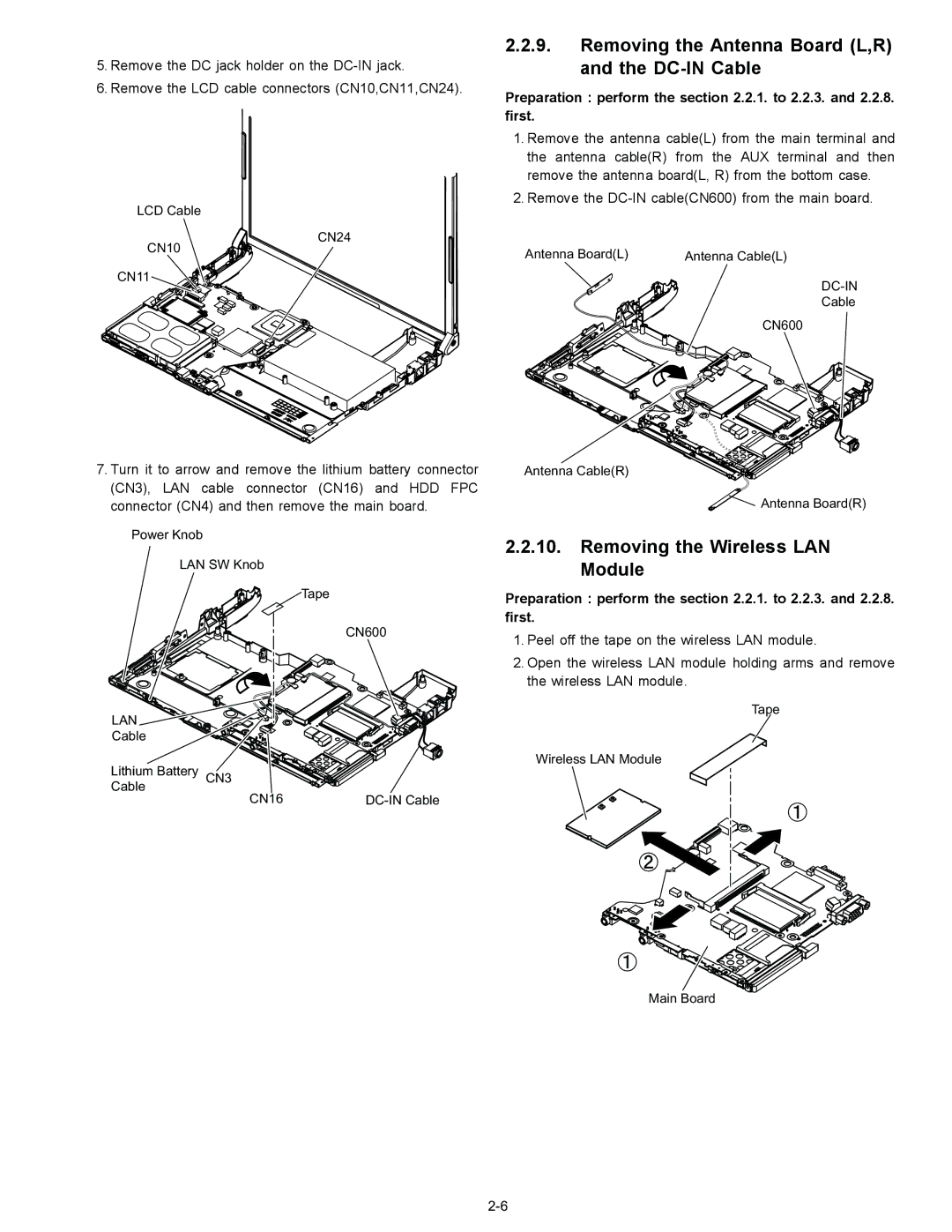 Matsushita CF-T4GWCTZ1 2 Removing the Antenna Board L,R and the DC-IN Cable, Removing the Wireless LAN Module, Dc-In, Lan 