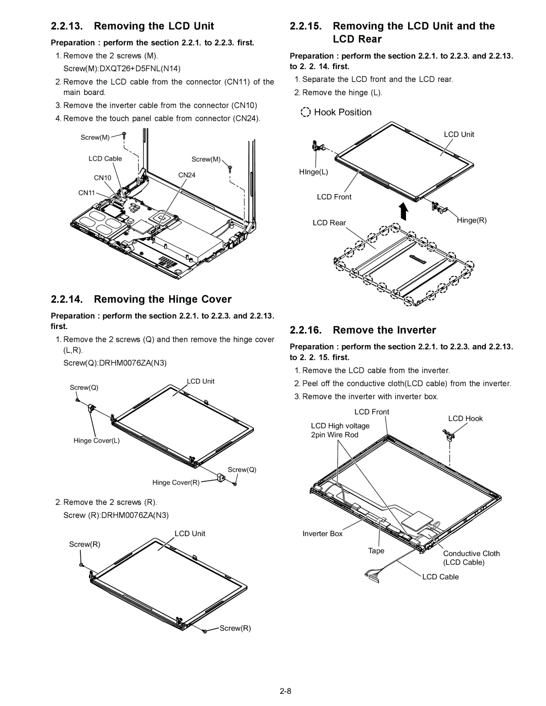 Matsushita CF-T4GWCTZ1 2 Removing the LCD Unit and the LCD Rear, Removing the Hinge Cover, Remove the Inverter 