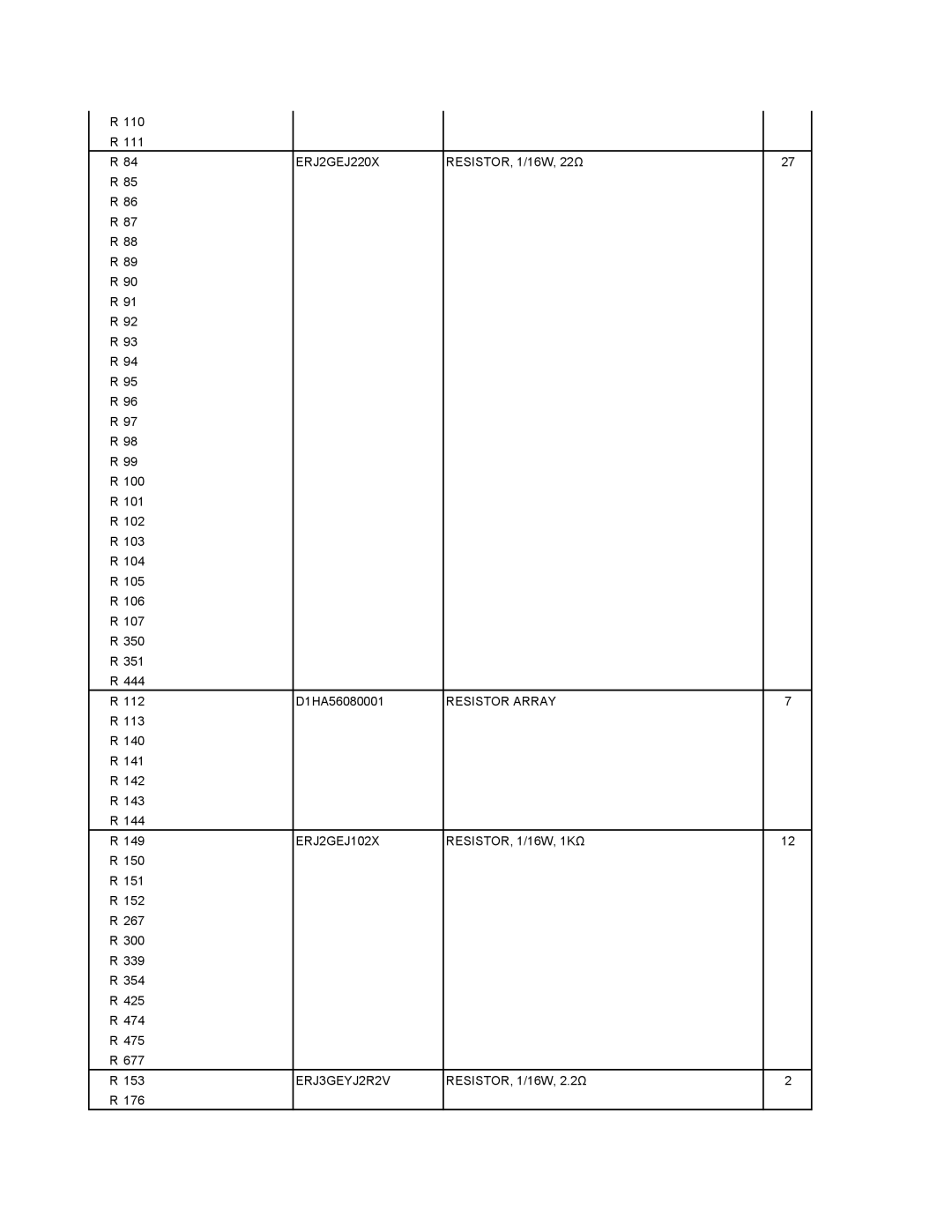 Matsushita CF-T4GWCTZ1 2 service manual ERJ2GEJ220X, ERJ2GEJ102X RESISTOR, 1/16W, 1KΩ, ERJ3GEYJ2R2V 