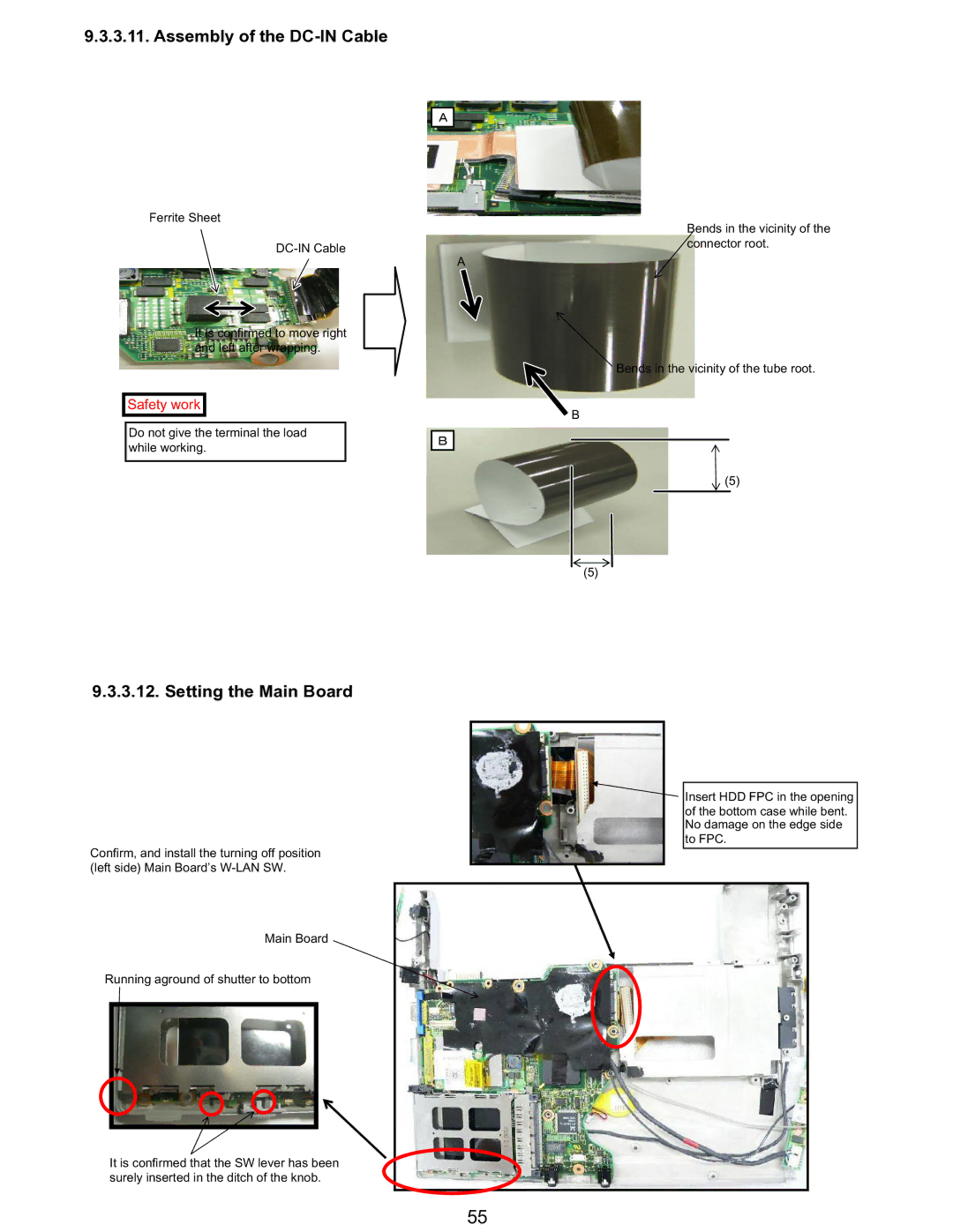 Matsushita CF-T5LWETZ1 2 service manual Assembly of the DC-IN Cable, Setting the Main Board 