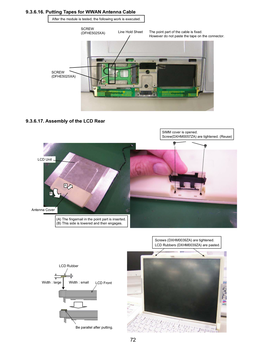 Matsushita CF-T5LWETZ1 2 service manual Putting Tapes for Wwan Antenna Cable, Assembly of the LCD Rear, Screw DFHE5025XA 