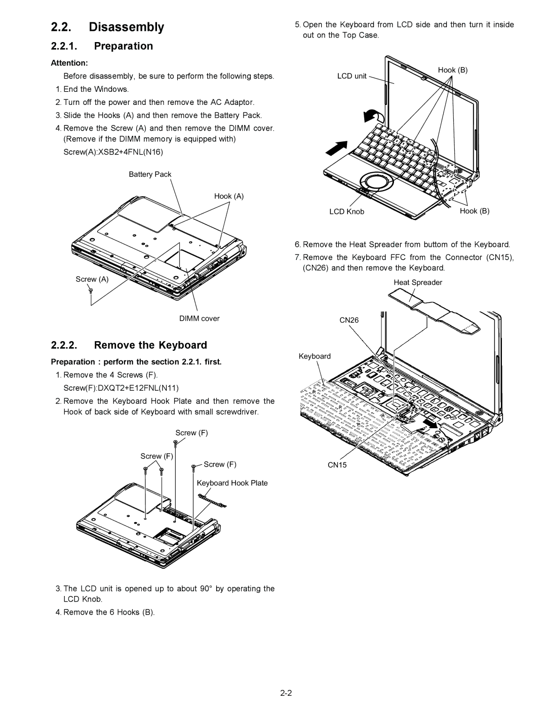 Matsushita CF-W4GWCZZ service manual Disassembly, Preparation, Remove the Keyboard 