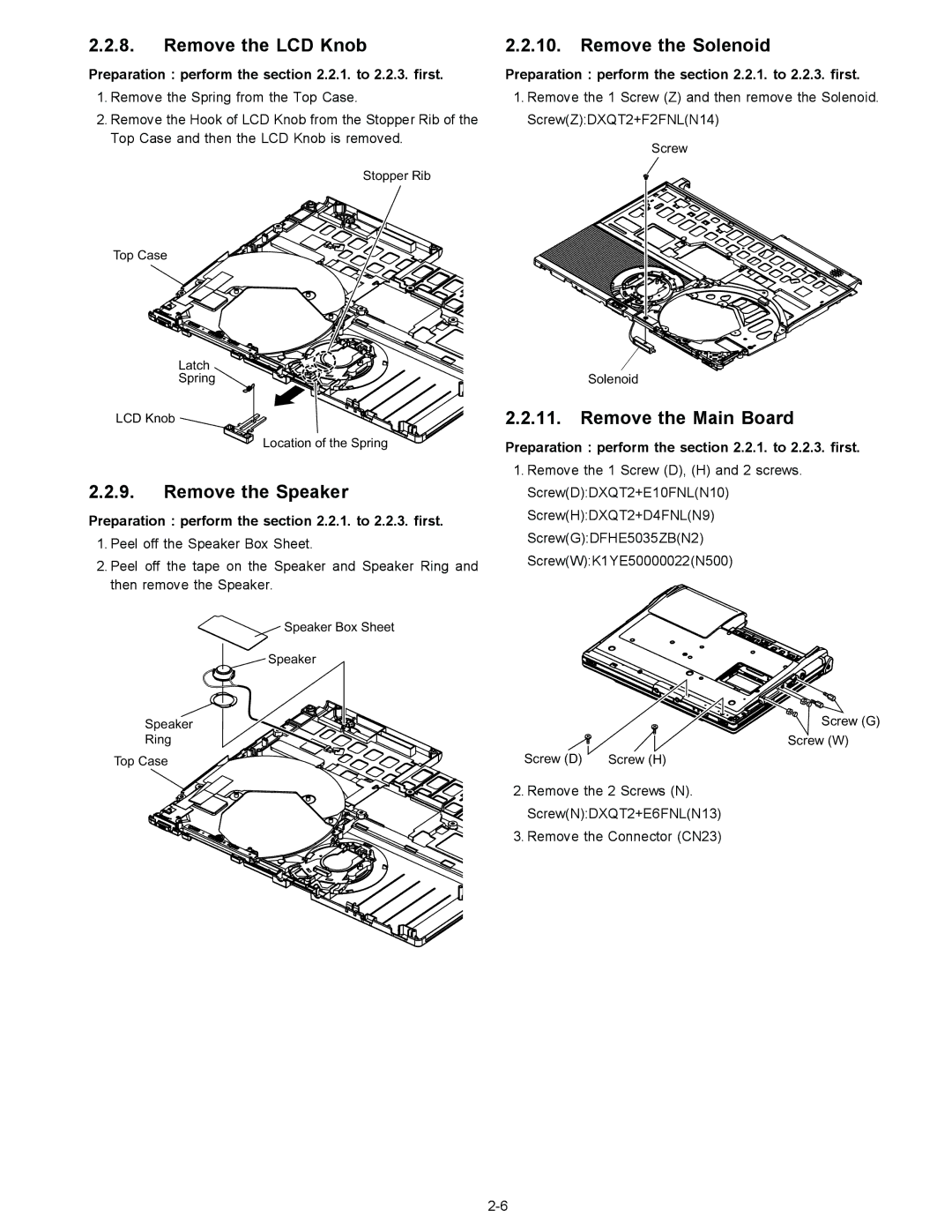 Matsushita CF-W4GWCZZ service manual Remove the LCD Knob, Remove the Speaker, Remove the Solenoid, Remove the Main Board 