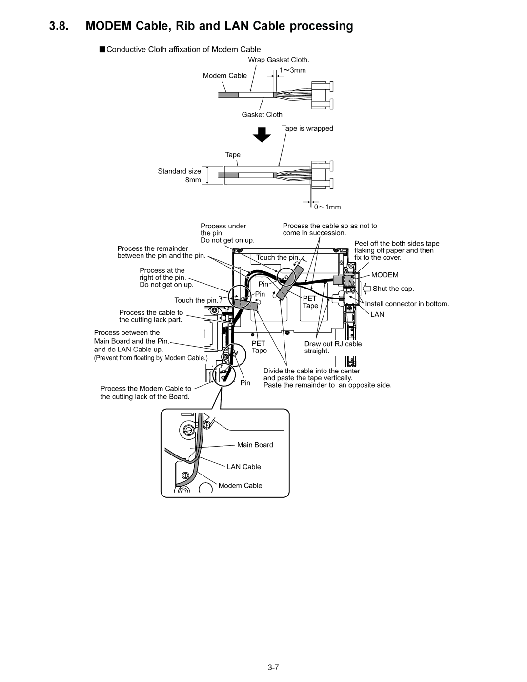 Matsushita CF-W4GWCZZ service manual Modem Cable, Rib and LAN Cable processing, Pet, Lan 