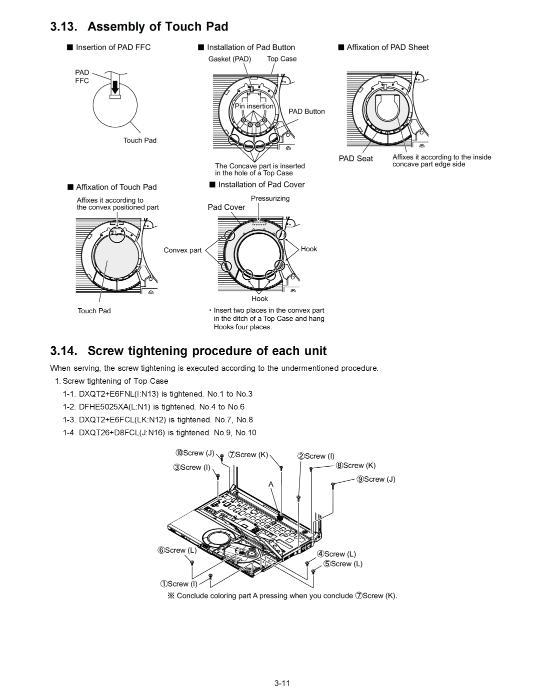 Matsushita CF-W4GWCZZ service manual Assembly of Touch Pad, Screw tightening procedure of each unit 