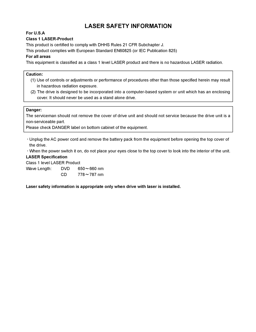 Matsushita CF-W4GWCZZ service manual Laser Safety Information 