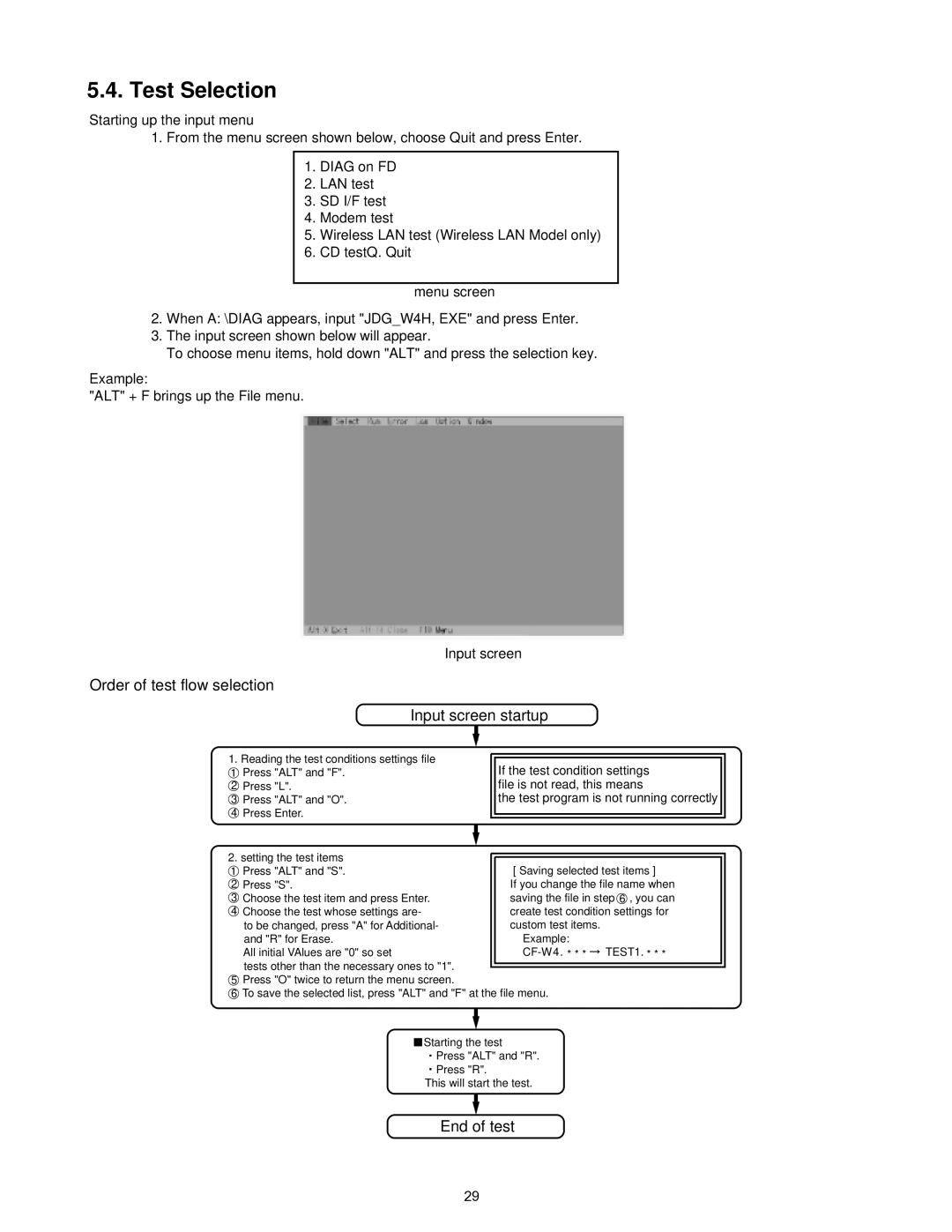 Matsushita CF-W4HWEZZBM service manual Test Selection, Order of test flow selection Input screen startup 