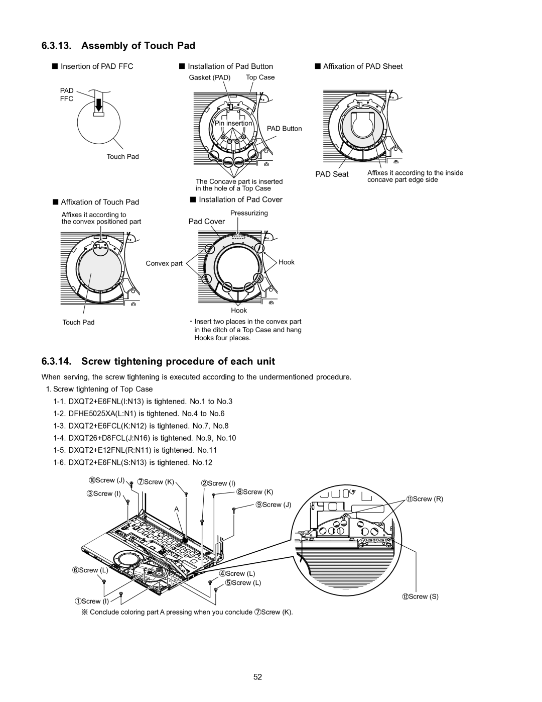 Matsushita CF-W4HWEZZBM service manual Assembly of Touch Pad, Screw tightening procedure of each unit 