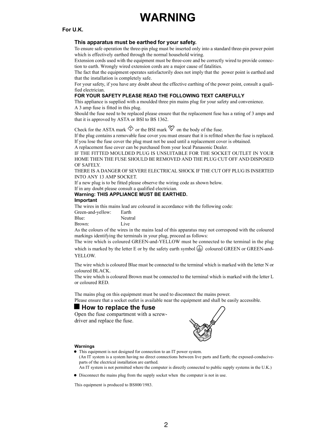 Matsushita CF-W5LWEZZ1 2 service manual How to replace the fuse, For U.K This apparatus must be earthed for your safety 