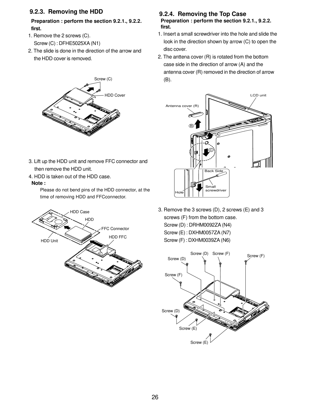 Matsushita CF-W5LWEZZ1 2 Removing the HDD, Removing the Top Case, Preparation perform the .2.1., 9.2.2. first, Hdd 