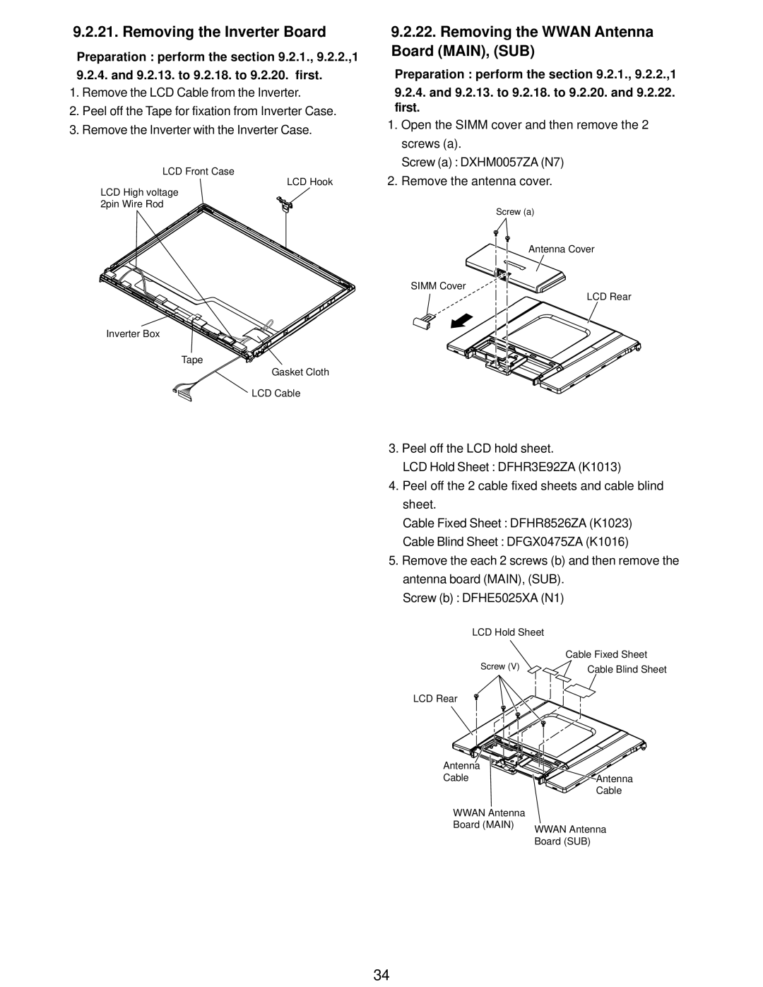 Matsushita CF-W5LWEZZ1 2 service manual Removing the Inverter Board, Removing the Wwan Antenna Board MAIN, SUB 