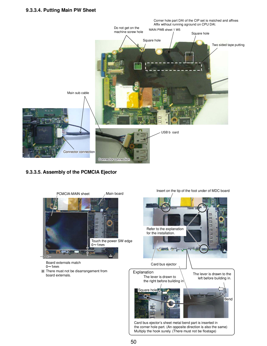 Matsushita CF-W5LWEZZ1 2 service manual Putting Main PW Sheet, Assembly of the Pcmcia Ejector 