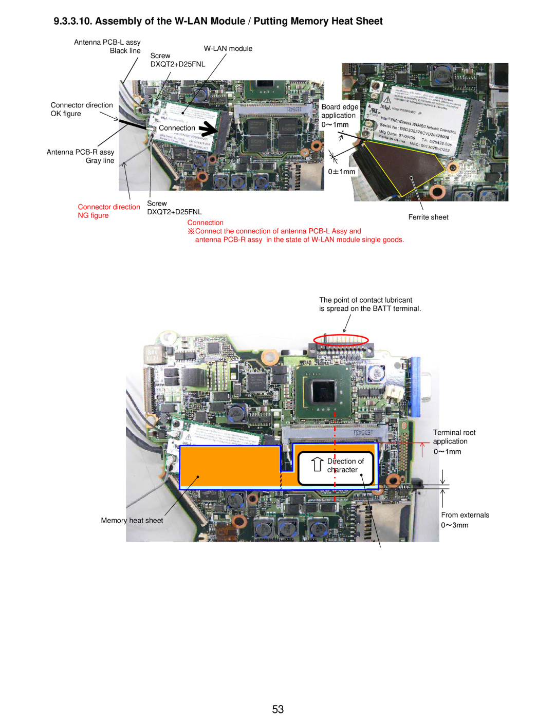 Matsushita CF-W5LWEZZ1 2 service manual Assembly of the W-LAN Module / Putting Memory Heat Sheet, DXQT2+D25FNL 