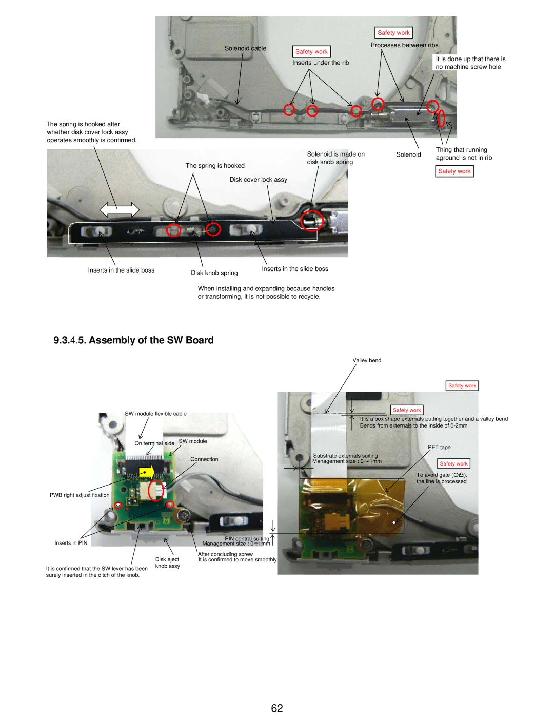 Matsushita CF-W5LWEZZ1 2 service manual Assembly of the SW Board, Safety work Inserts under the rib 