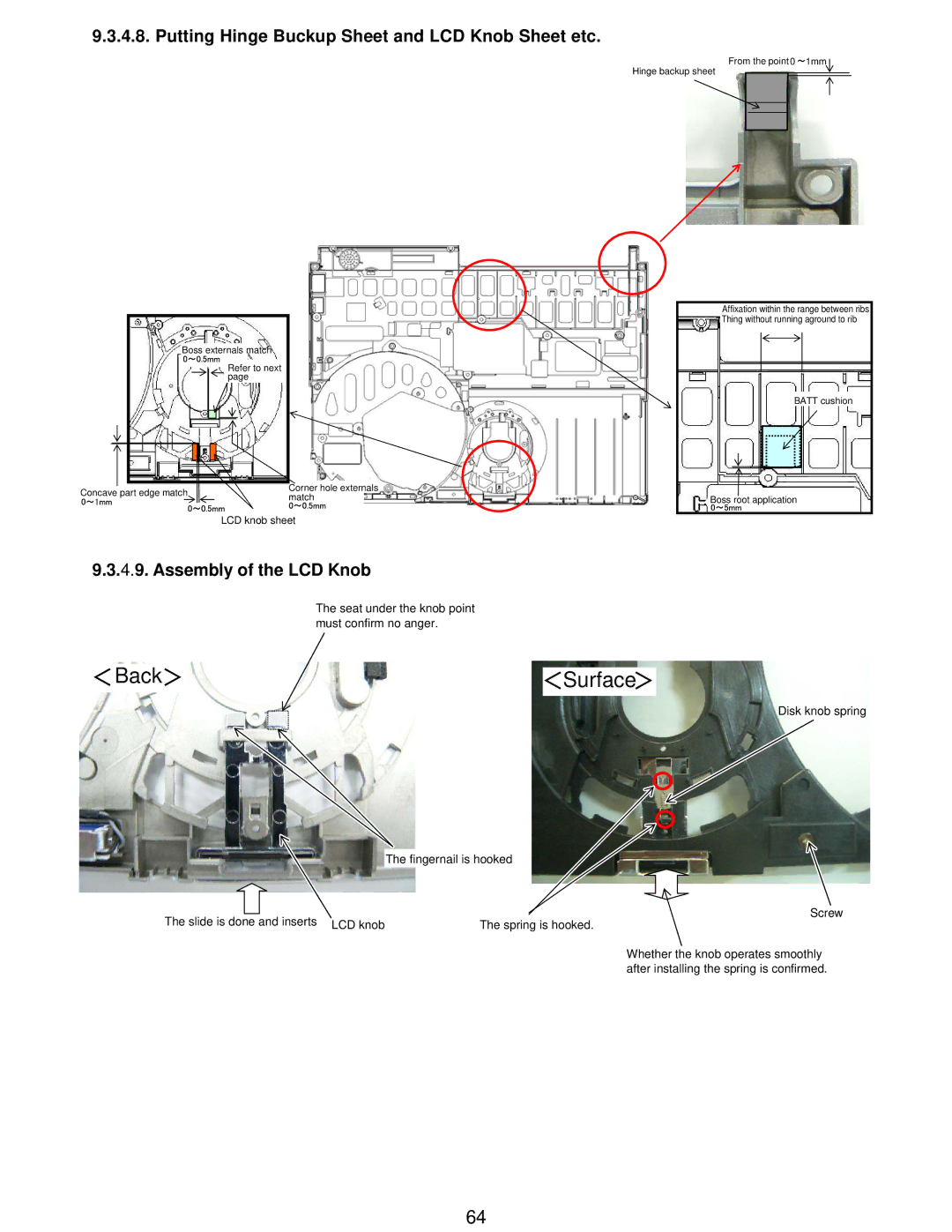 Matsushita CF-W5LWEZZ1 2 service manual Putting Hinge Buckup Sheet and LCD Knob Sheet etc, Assembly of the LCD Knob 