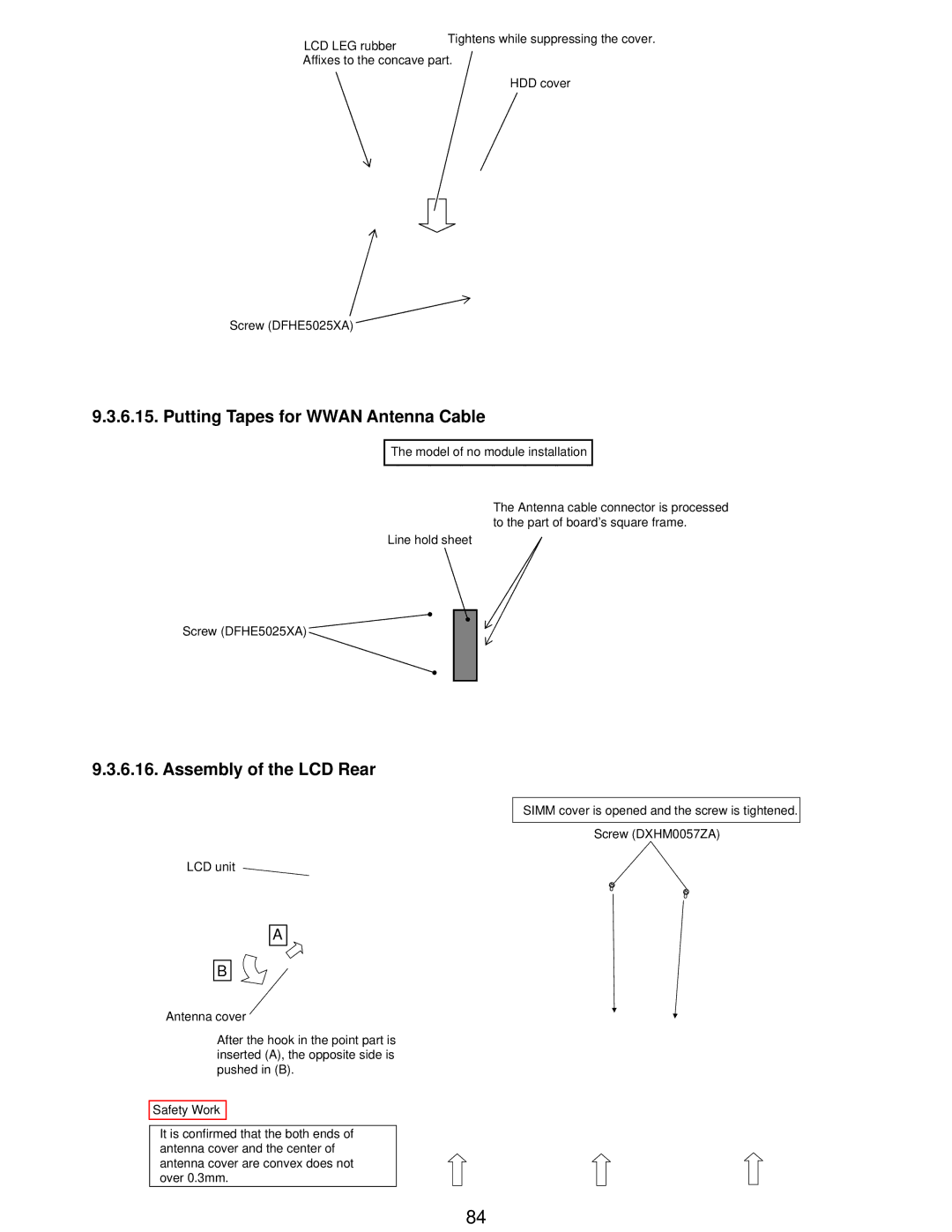 Matsushita CF-W5LWEZZ1 2 service manual Putting Tapes for Wwan Antenna Cable, Assembly of the LCD Rear 