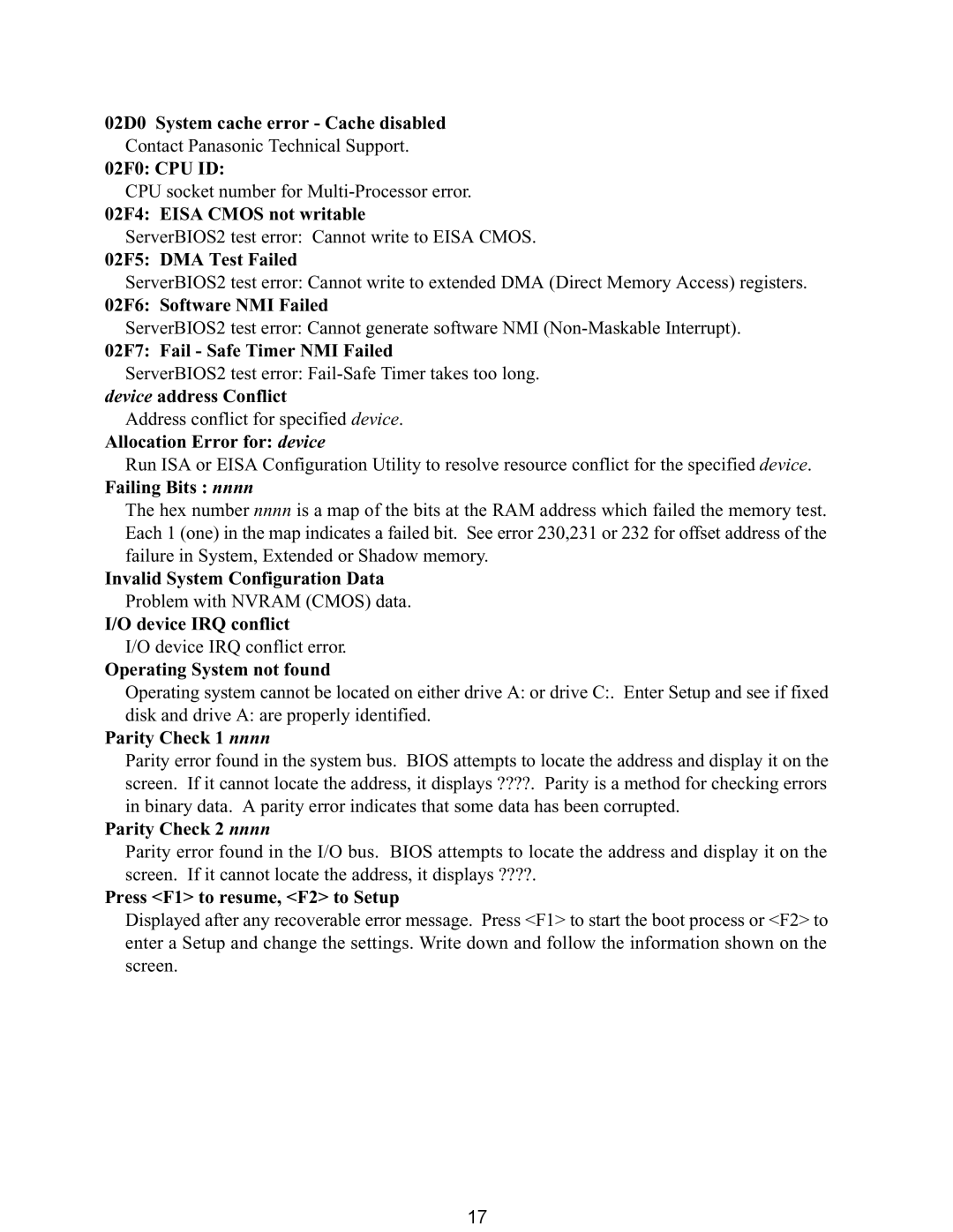 Matsushita CF-Y5LWVYZ 1 2 service manual 02D0 System cache error Cache disabled 