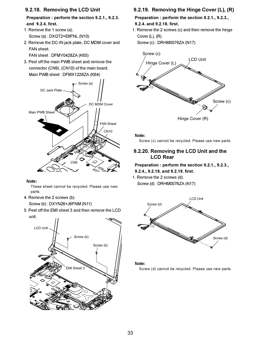 Matsushita CF-Y5LWVYZ 1 2 service manual Removing the Hinge Cover L, R, Removing the LCD Unit and the LCD Rear, CN9 