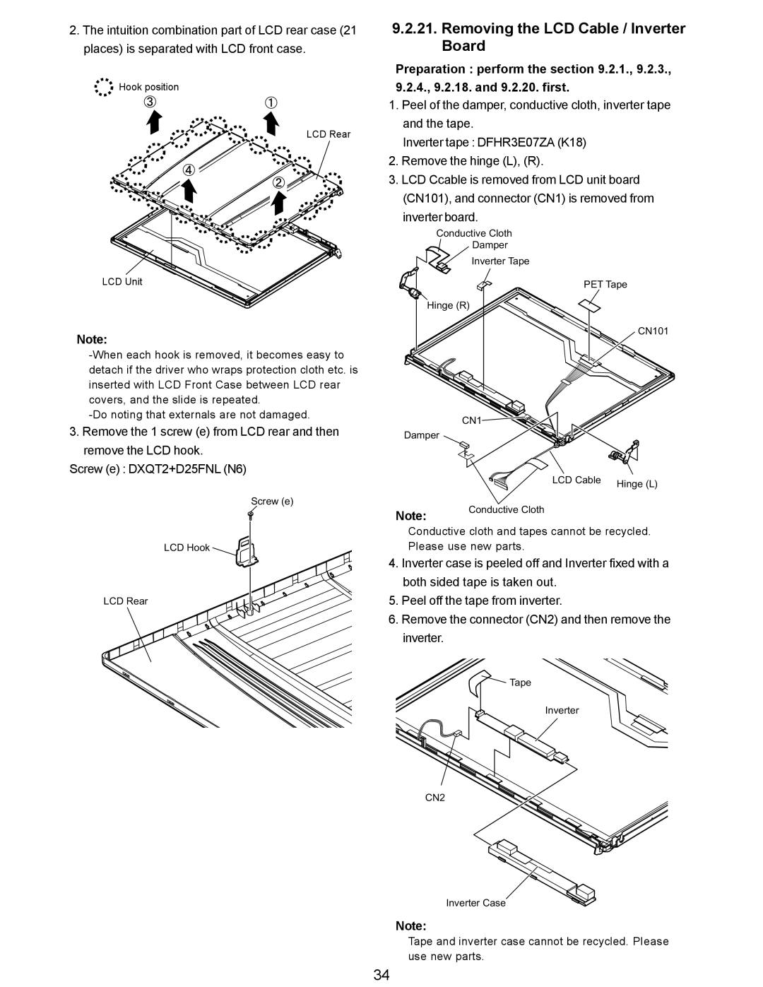 Matsushita CF-Y5LWVYZ 1 2 service manual Removing the LCD Cable / Inverter Board, CN2 