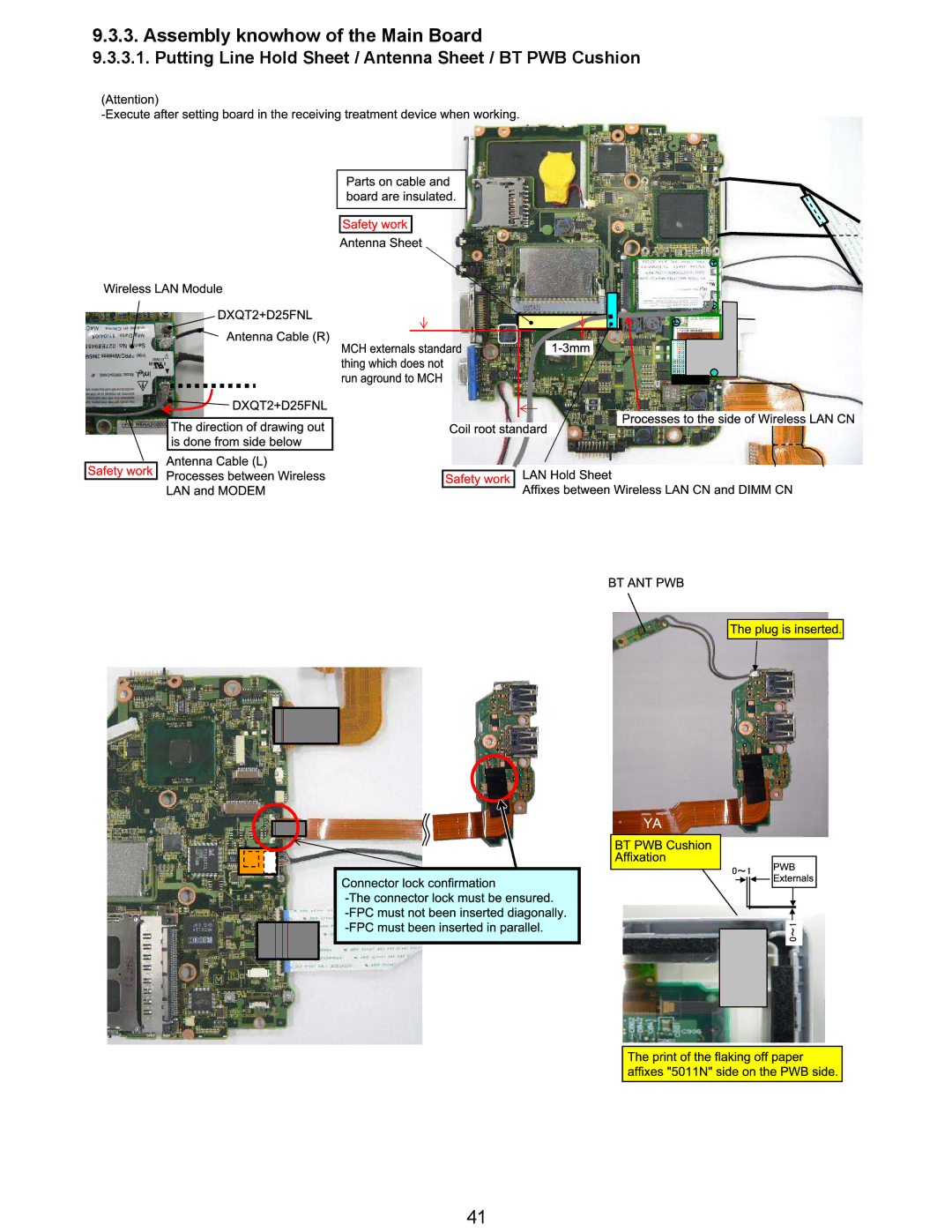 Matsushita CF-Y5LWVYZ 1 2 Assembly knowhow of the Main Board, Putting Line Hold Sheet / Antenna Sheet / BT PWB Cushion 