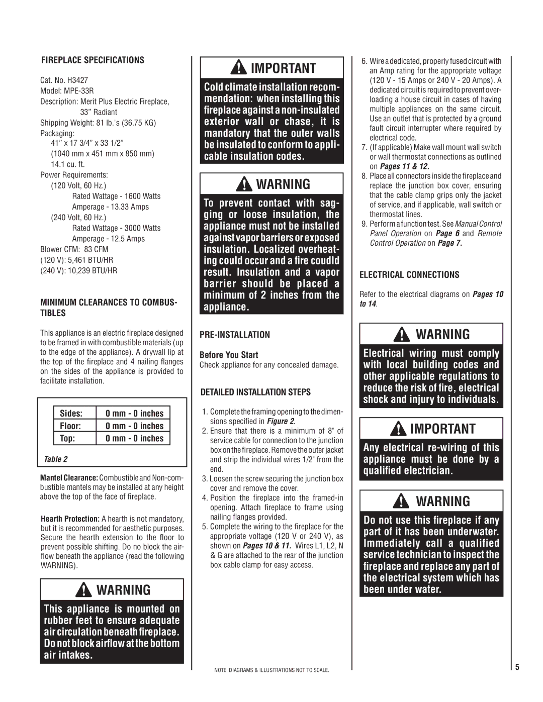 Matsushita MPE-33R warranty Minimum Clearances to COMBUS- Tibles, Pre-Installation, Detailed Installation Steps 