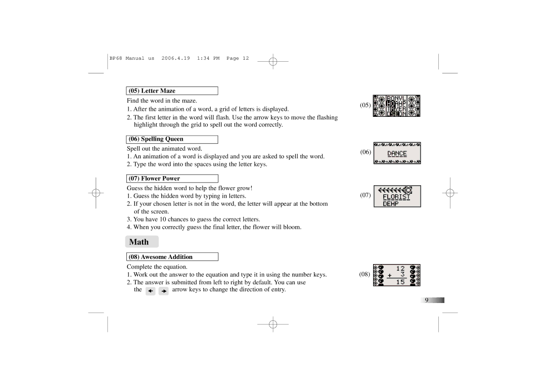 Mattel B-Book manual Math, Letter Maze, Spelling Queen, Flower Power, Awesome Addition 