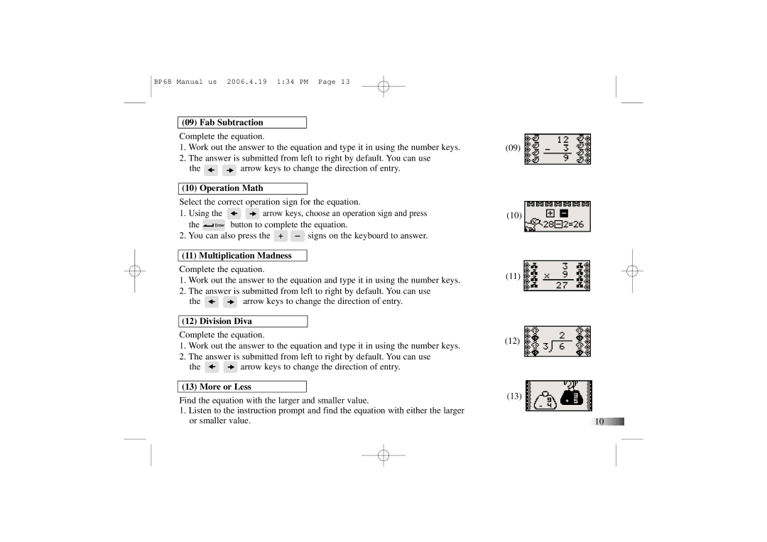 Mattel B-Book manual Fab Subtraction, Operation Math, Multiplication Madness, Division Diva, More or Less 