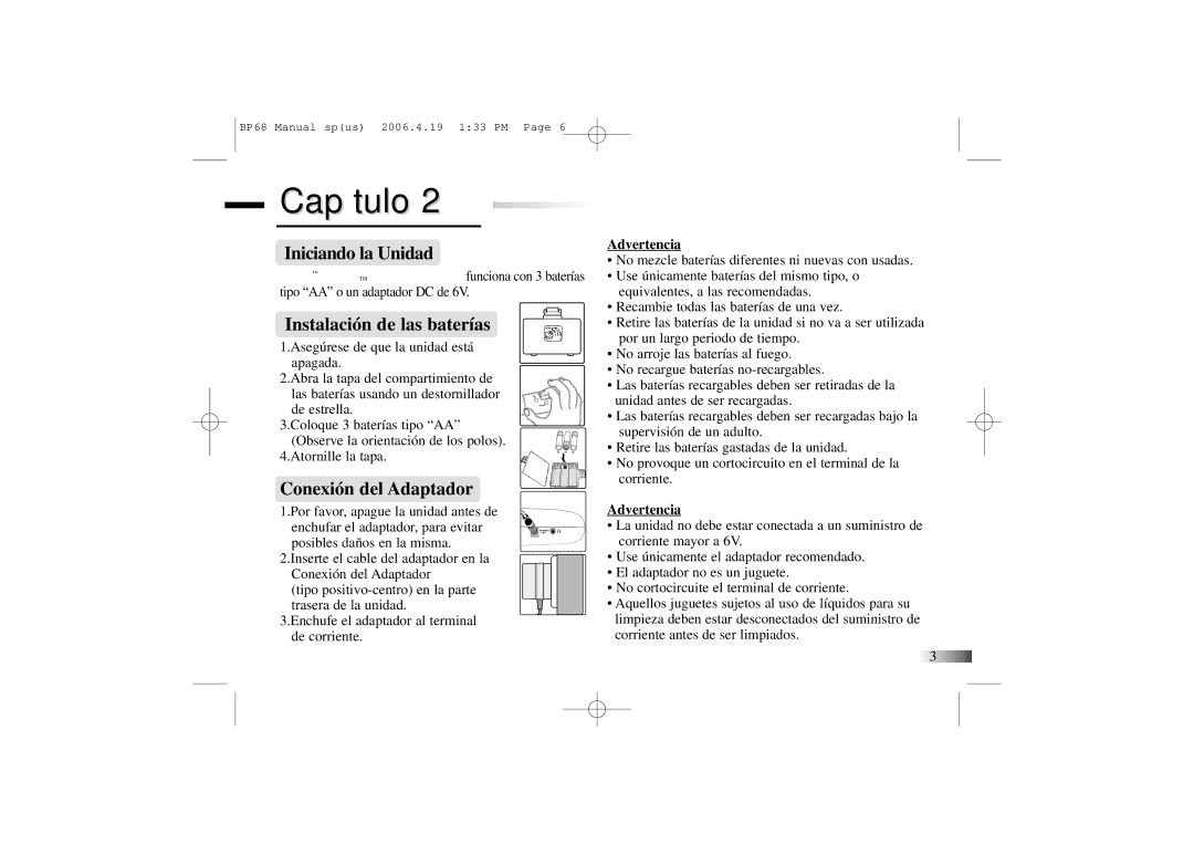 Mattel B-Book manual Iniciando la Unidad, Instalación de las baterías, Conexión del Adaptador, Advertencia 