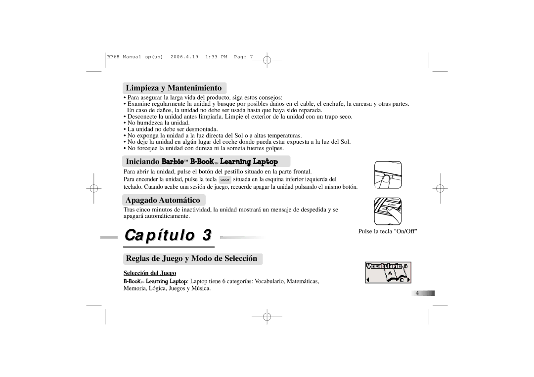 Mattel B-Book manual Limpieza y Mantenimiento, Apagado Automático, Reglas de Juego y Modo de Selección, Selección del Juego 