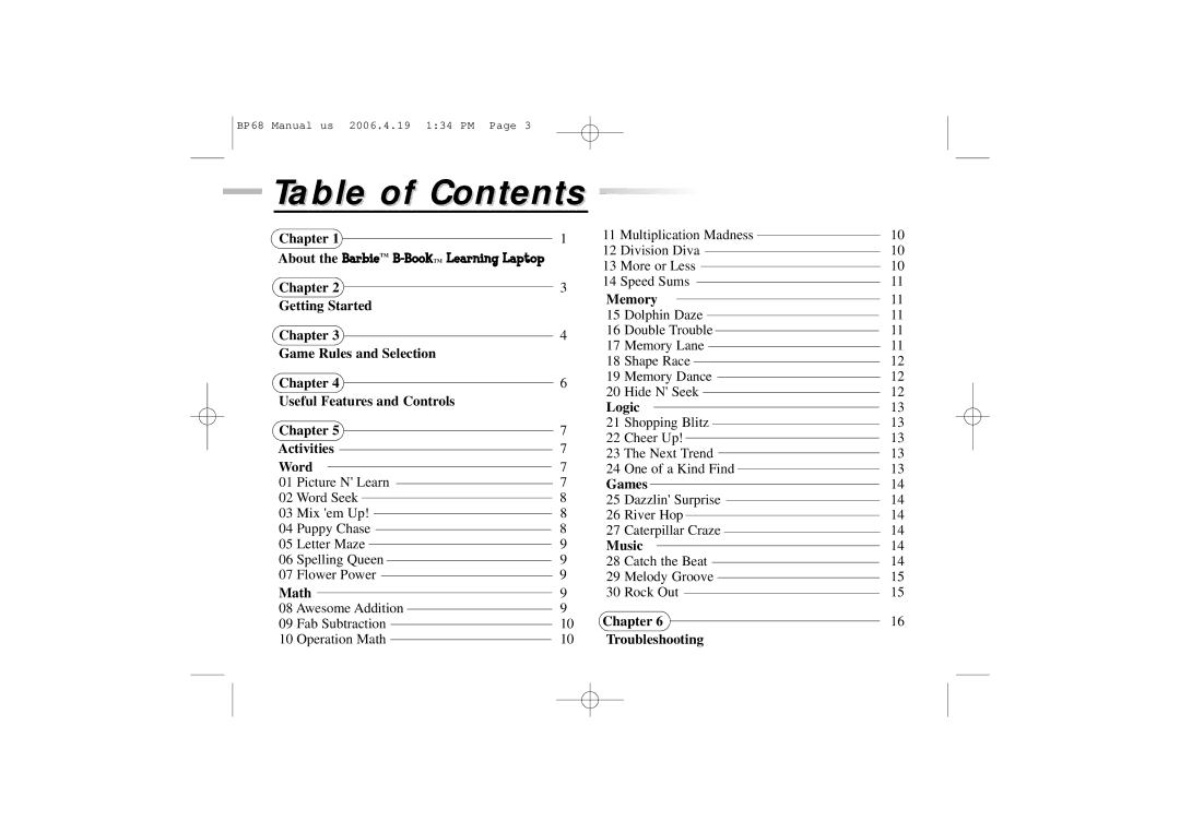 Mattel B-Book manual Table of Contents 