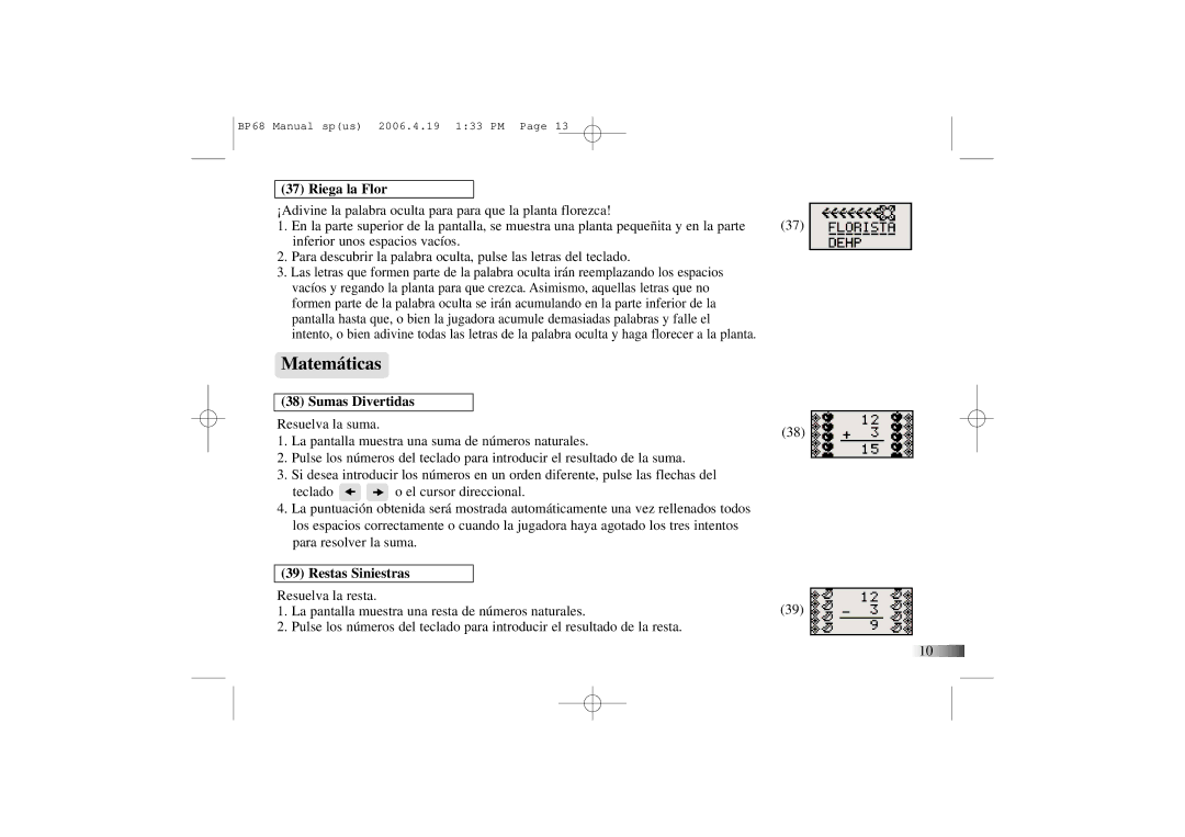 Mattel B-Book manual Matemáticas, Riega la Flor, Sumas Divertidas, Restas Siniestras 