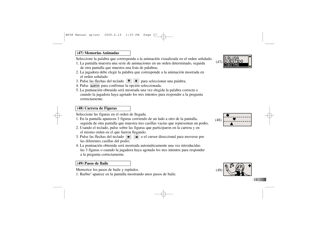 Mattel B-Book manual Memorias Animadas, Carrera de Figuras, Pasos de Baile 