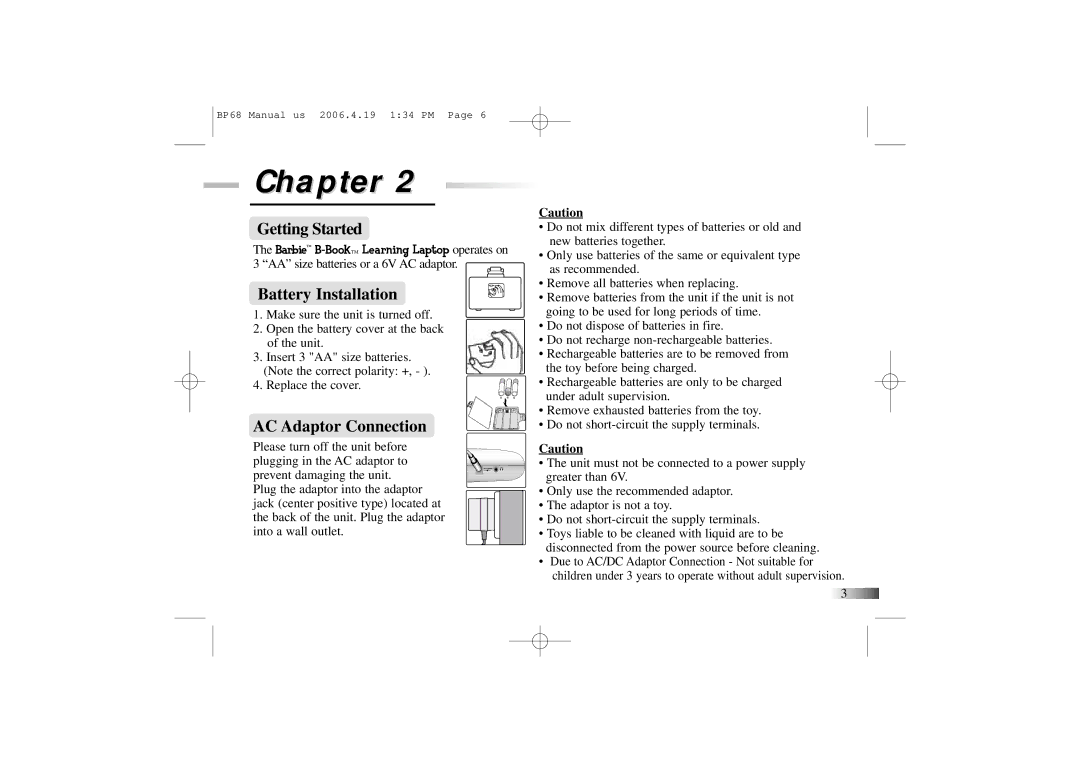 Mattel B-Book manual Getting Started, Battery Installation, AC Adaptor Connection 