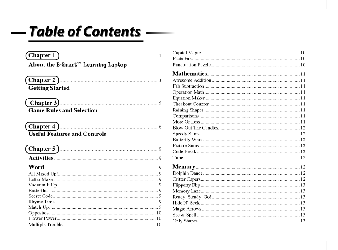 Mattel B-Smart manual Table of Contents 