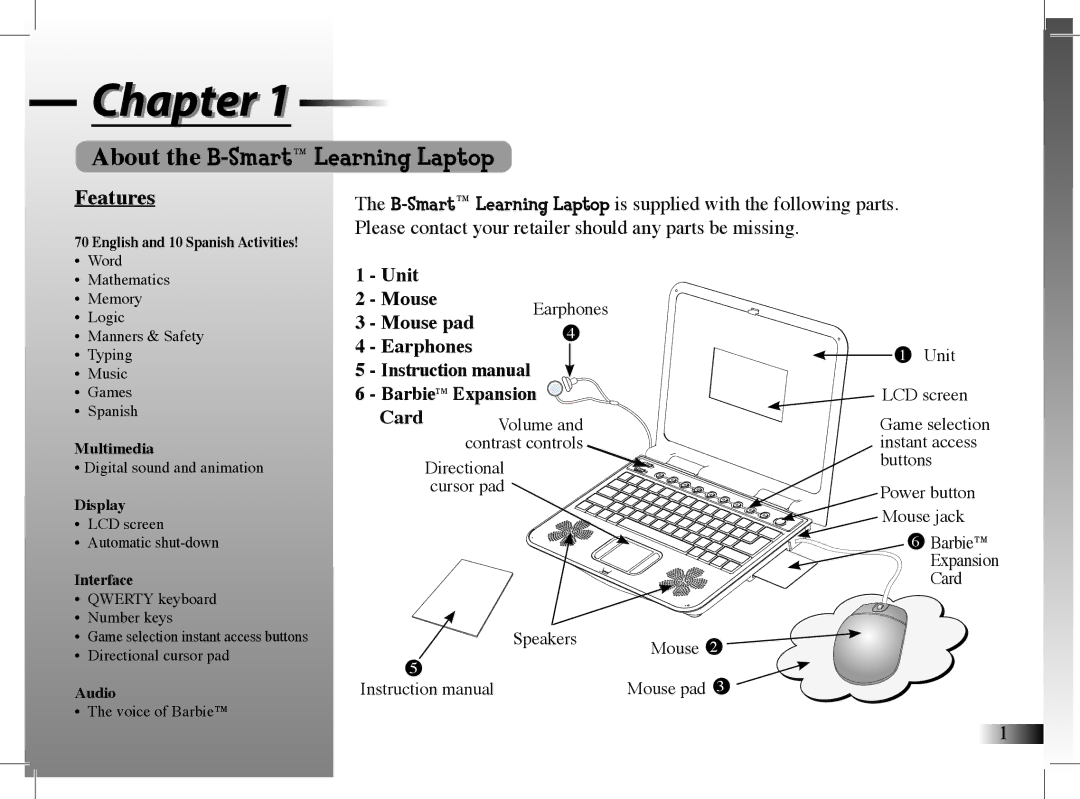 Mattel B-Smart manual Features, Unit Mouse, Mouse pad, Earphones BarbieTM Expansion Card 