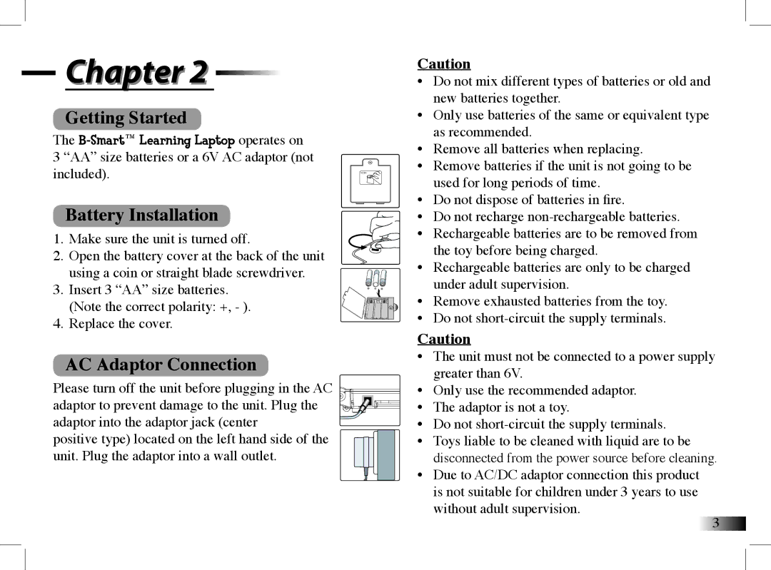 Mattel B-Smart manual Getting Started, Battery Installation, AC Adaptor Connection 