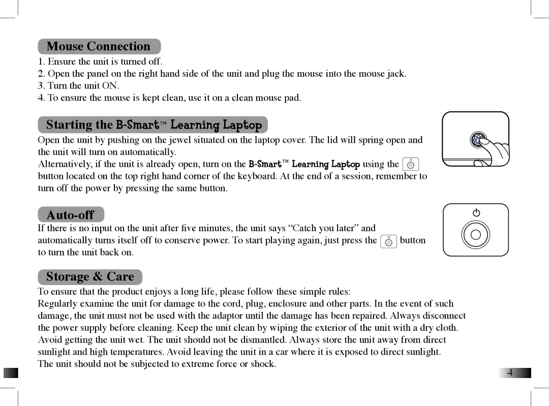 Mattel B-Smart manual Mouse Connection, Auto-off, Storage & Care 