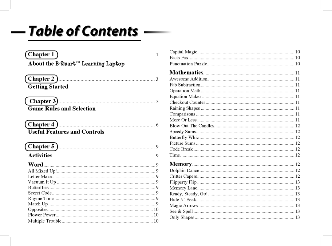 Mattel manual Table of Contents, About the B-Smart Learning Laptop, Getting Started, Game Rules and Selection 