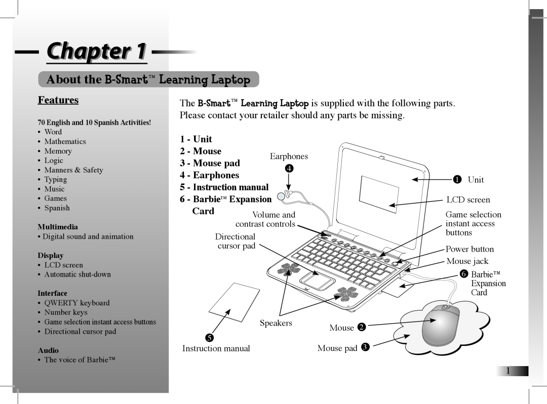 Mattel Chapter, About the B-Smart Learning Laptop, Features, Unit, Mouse pad, Earphones, BarbieTM Expansion, Card 
