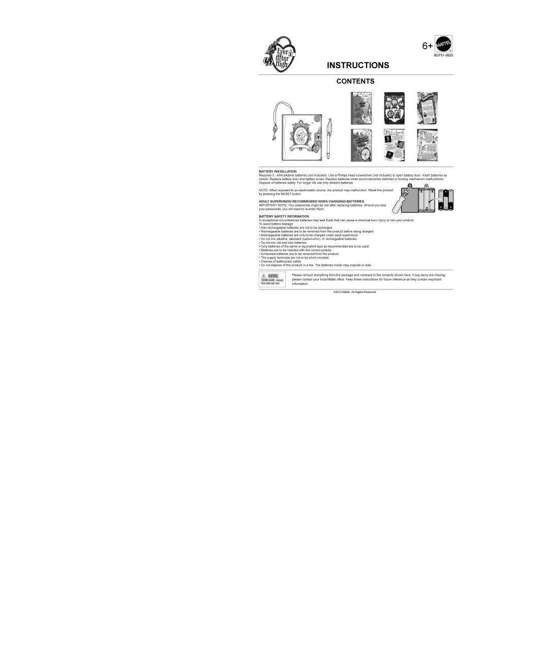 Mattel BCF51 instruction sheet Instructions, Contents 