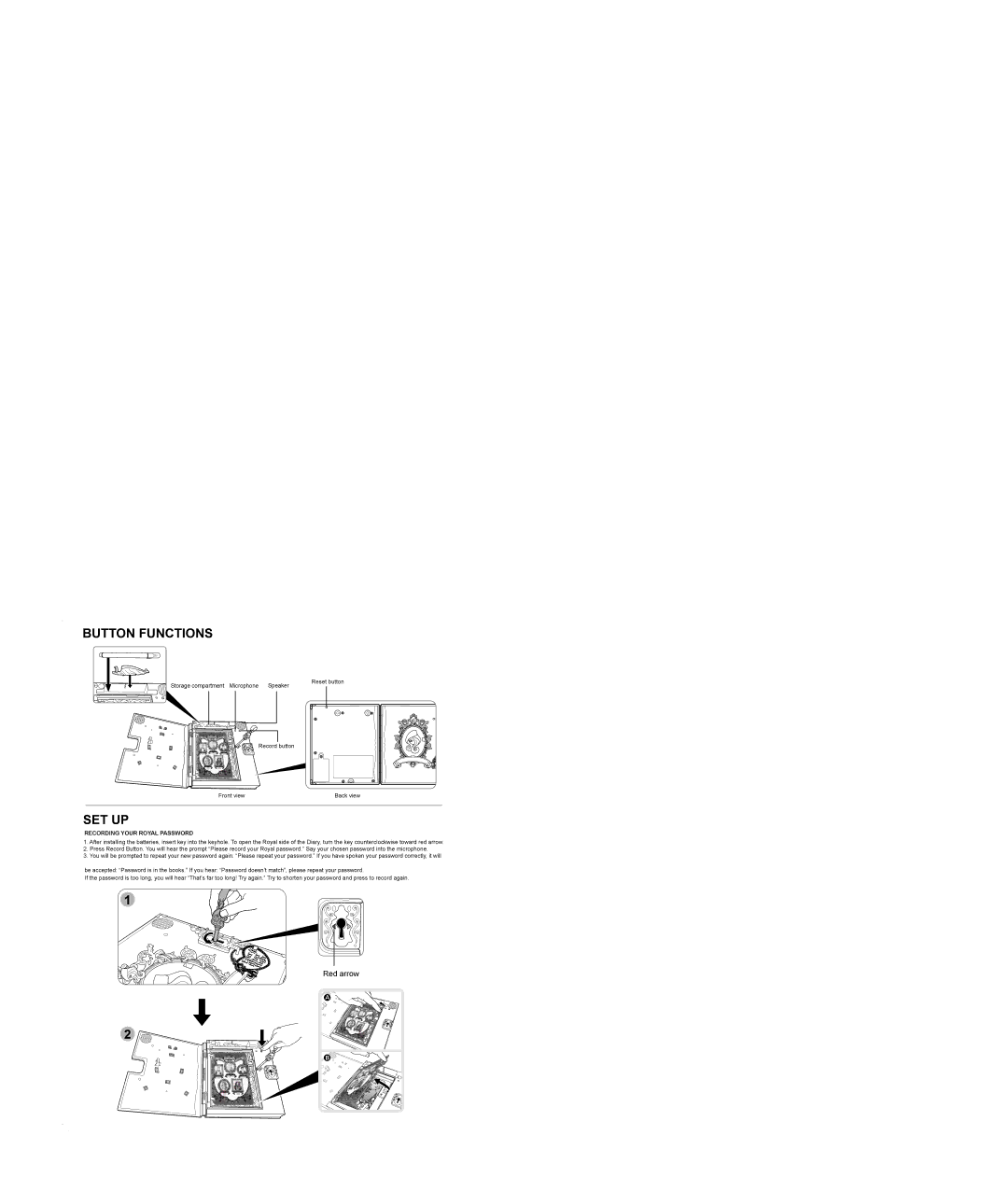 Mattel BCF51 instruction sheet Button Functions, Set Up, Red arrow, Recording Your Royal Password 