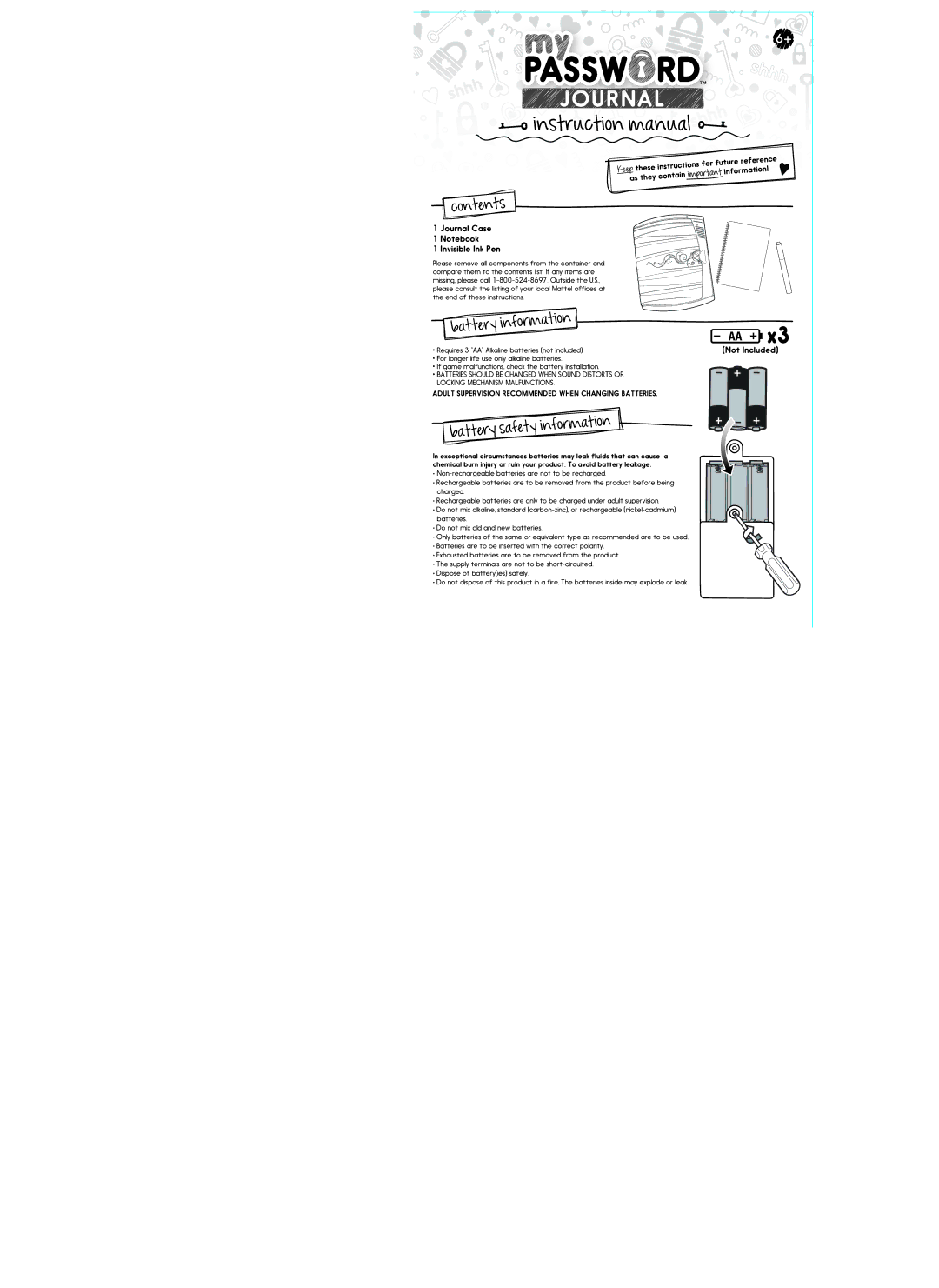 Mattel CGJ12 instruction manual Contents, Battery Information, Battery safety information 