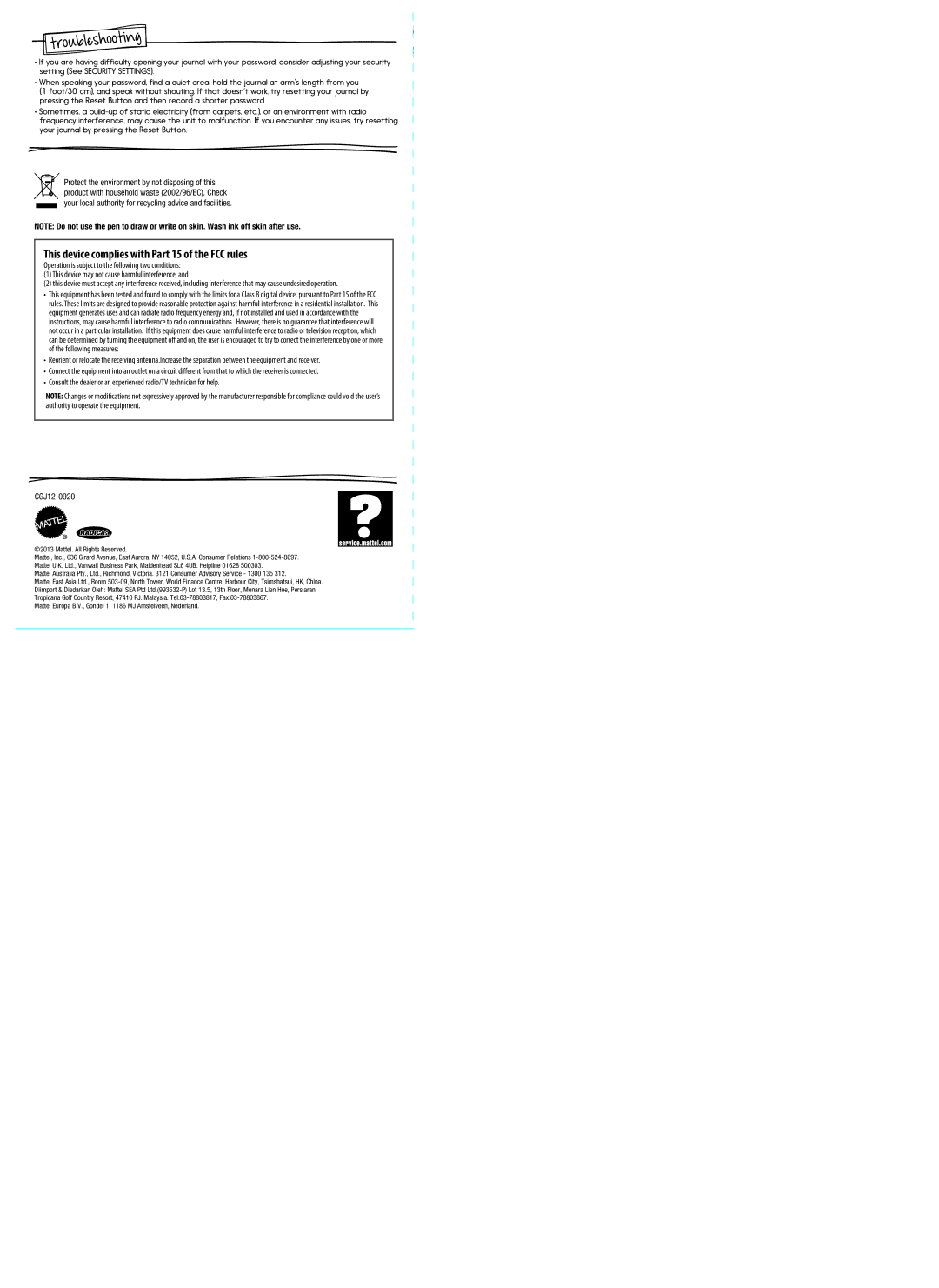 Mattel CGJ12 instruction manual This device complies with Part 15 of the FCC rules 