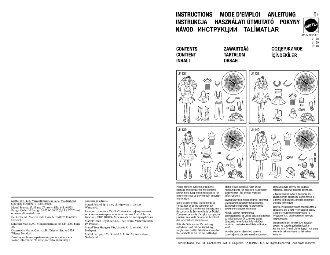 Mattel J1137-0529G1, J1140, J1138, J1139 manual Àçëíêìäñàà 