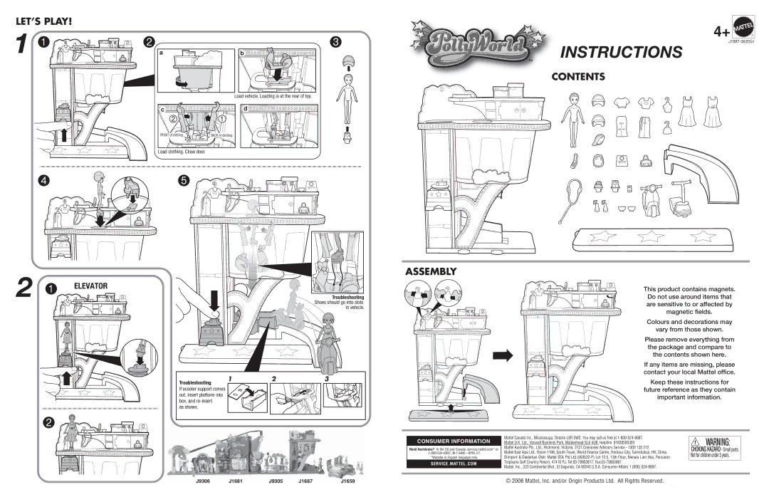 Mattel J1681, J1687, J1659, J9306, J9305 manual LET’S Play, Contents, Assembly 