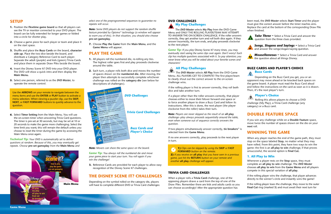 Mattel K8820 manual Setup, Play the Game, Disney Scene IT? Challenges, Double Feature Space, Winning the Game 