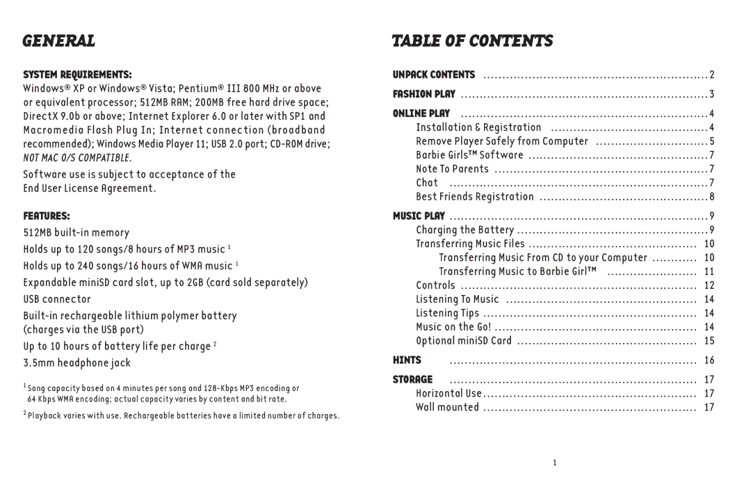 Mattel L2935-0920G4 manual General, Table of Contents 