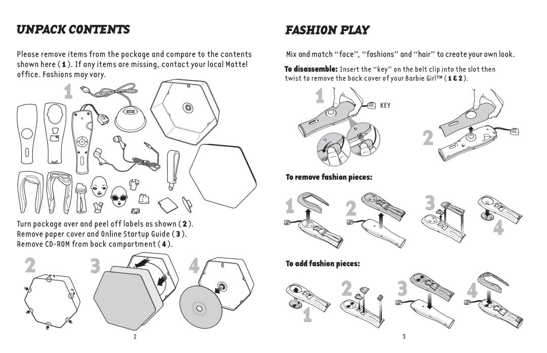 Mattel L2935-0920G4 manual Unpack Contents, Fashion Play 