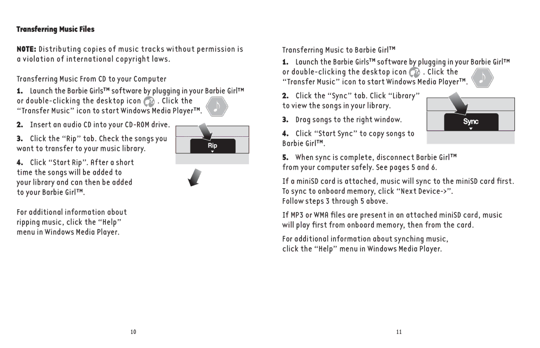Mattel L2935-0920G4 manual Transferring Music Files, Transferring Music From CD to your Computer 